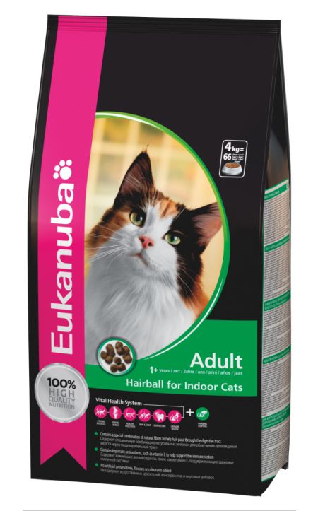 Eukanuba Adult Hairball - Indoor 2kg. Корм для взрослых кошек, склонных к образованию волосяных комочков в желудке 2кг.
